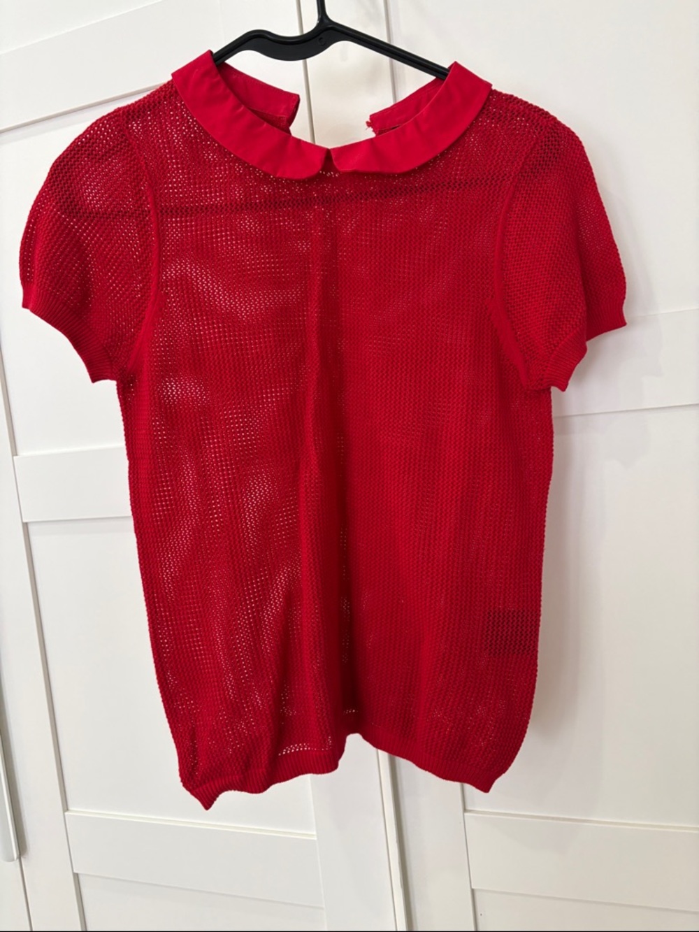 Women’s Red Short-Sleeve Knit Top with Peter Pan Collar
